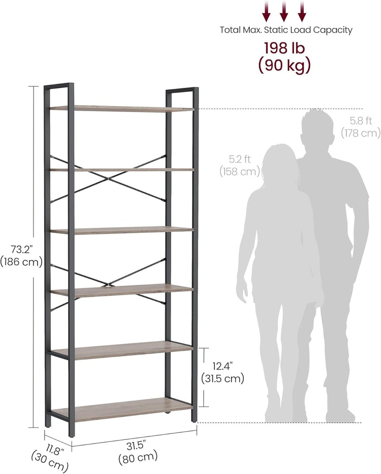 VASAGLE 6-Tier Bookshelf, Bookcase with Steel Frame, Book Shelf for Living Room, Home Office, Study, 11.8 x 31.5 x 73.2 Inches, Industrial Style, Heather Greige and Ink Black ULLS082B02