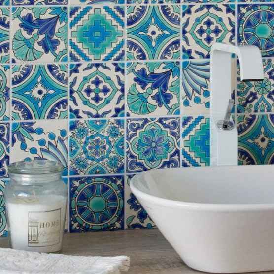 DYARI Set of 9 Decorative Ceramic Tiles – Hand Painted Indoor & Outdoor – Artisan Top Kitchen – Mediterranean Decorative 4x4 / One Tile Durable Colorful (Turquoise & Blue, 45 Tiles (5 Sq Ft))