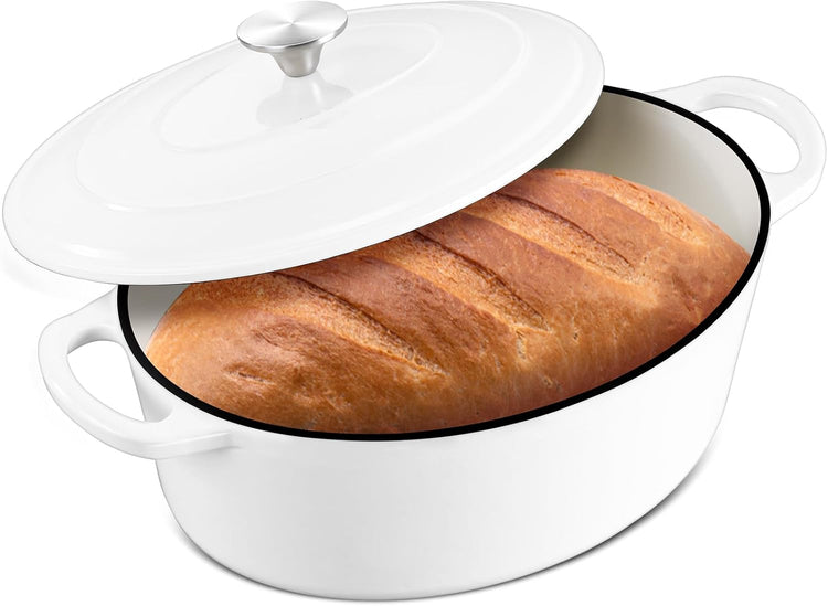 7 Quart Oval Dutch Oven with Lid, Leonyo 7QT Enameled Oval Cast Iron Dutch Oven for Sourdough Bread Breaking, Heavy Duty Cookware for Braising, Stews, Roasting, White - Nestoria