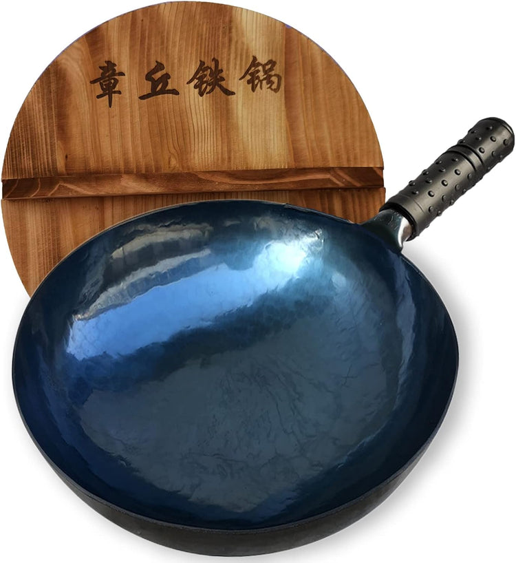 shuoguoleilei Chinese Hand Hammered Iron Woks Set, Non-stick No Coating Preseasoned Wok Blue Round Bottom Wok Pan For Electric, Induction and Gas Stoves (Blue Black-13)