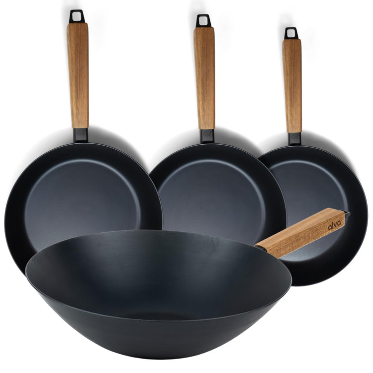 Forest 3 Quart Blue Carbon Steel Pan & Wok Set with Acacia Wood Handle (4 Count)