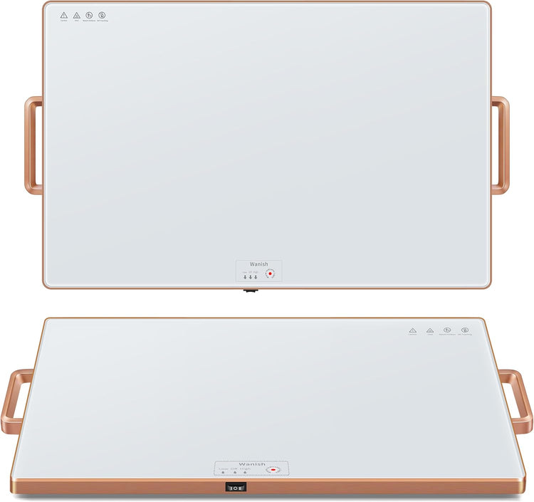 Electric Warming Tray (XXL 32”x18”),Food Warmers for Parties Buffet with Thermostat&Full Surface Heating,Tempered Glass Warming Mat for Food, Temperature Adjustable Gold Handles Food Warming Mat,White