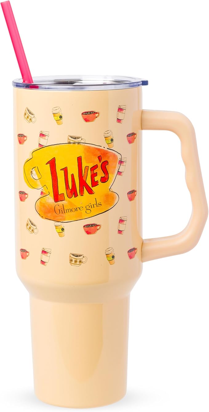 Silver Buffalo Gilmore Girls Luke's Diner Double Walled Stainless Steel Tumbler with Handle and Straw, Fits in Standard Cup Holder, 40 Ounces