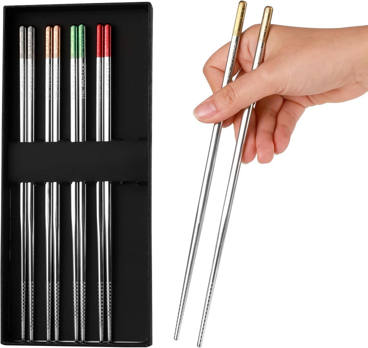 Metal Chopsticks, 5 Pairs 316L Stainless Steel Chopstick,Non-Slip Sushi Chop sticks with Laser Engraving, Reusable Chopsticks for Japanese Cuisine (9.25 Inch)