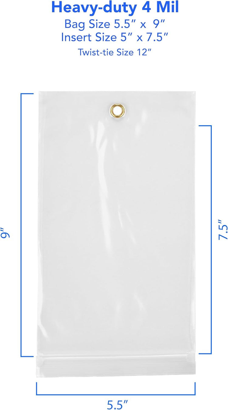 GPI - 5.5" x 9" Reclosable Zip Bags with Bottom Hang-hole & Pre-inserted 12" Twist-tie. 4 Mil Heavy-duty Resealable Zipper Baggy with Grommet/Metal Eyelet for Hanging (Insert Size 5x7.5) 500 Pack
