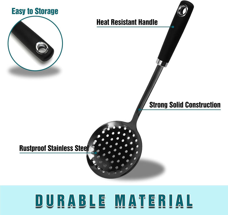 Skimmer Spoon, Slotted Spoons for Cooking, Slotted Spoon, Kitchen Stainless Steel Slotted Serving Spoon, Stainless Steel Strainer, Black