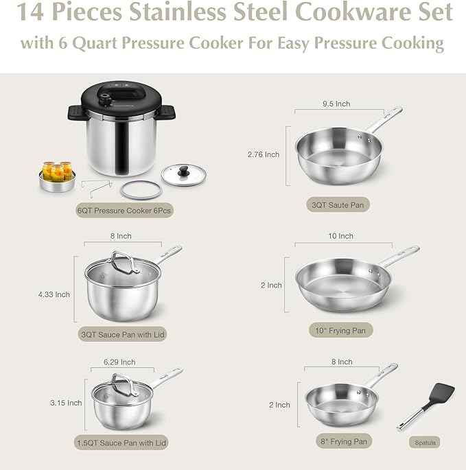 KOCH SYSTEME CS 14 Piece Stainless Steel Cookware Set with Pressure Cooker, Stainless Steel Pressure Cooker with Pots and Pans Set, 18/10 Stainless Steel Cookware Set, Induction Ready
