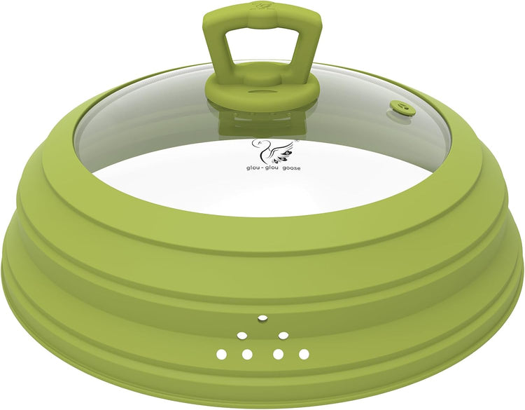 Microwave Splatter Cover Vented Glass Splatter Guard Lid with Collapsible Silicone for Food as Pot Cover 11.8 inch Large Plate for 6 7 8 9 10 11 inch Plate Bowl