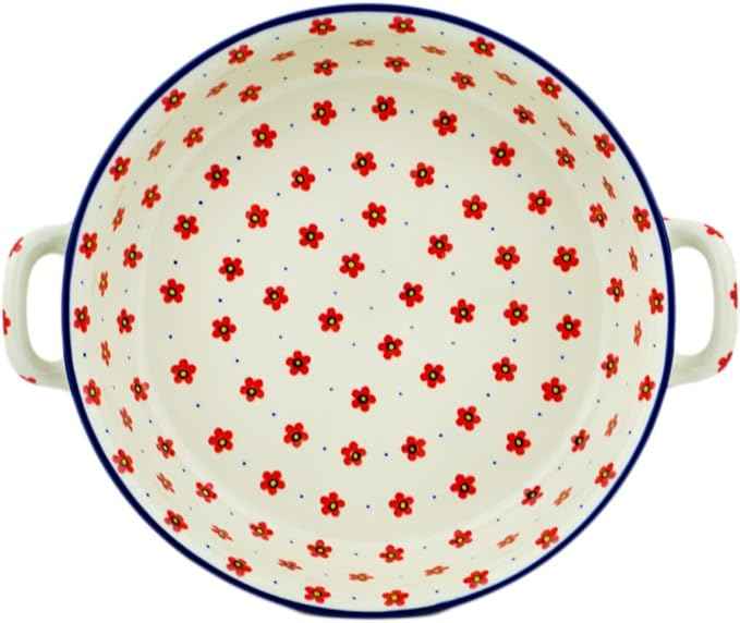 Polmedia Polish Pottery Round Baker with Handles 10-inch - Wildflower Burst Pattern Handmade in Boleslawiec Poland by Ceramika Artystyczna + Certificate of Authenticity