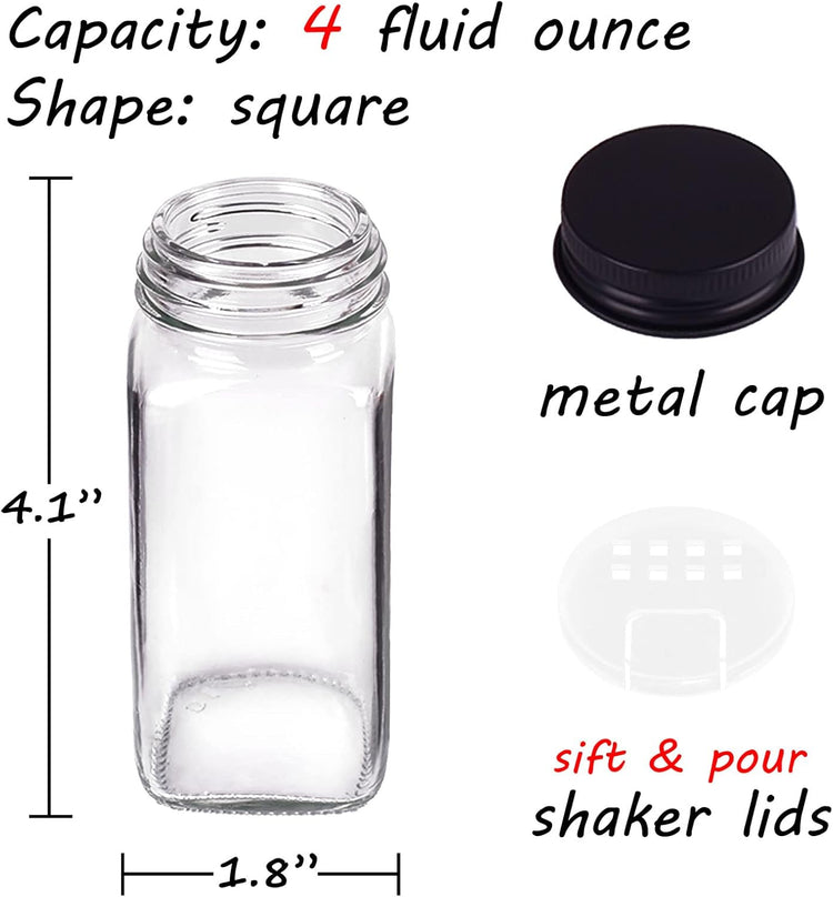 Churboro 48 Spice Jars with 547 Labels- Glass Spice Jars with Black Metal Caps, 4oz Empty Spice Containers with Shaker Lids, Funnel, Chalk Pen, Square Seasoning Bottles for Spice Rack, Drawer, Cabinet