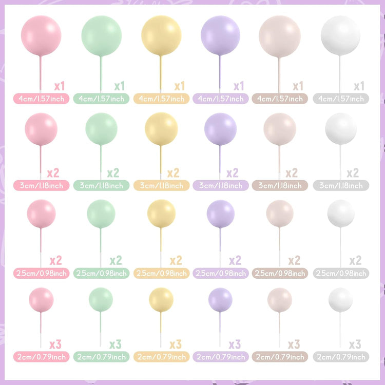 48 Pcs Balls Cake Topper Decorations Balloon Cupcake Toppers Foam Cake Topper Balls Cake Balls Decorations for Birthday Party Wedding Cake Decorating(Pink,Green,Yellow,Purple,Brown,White)