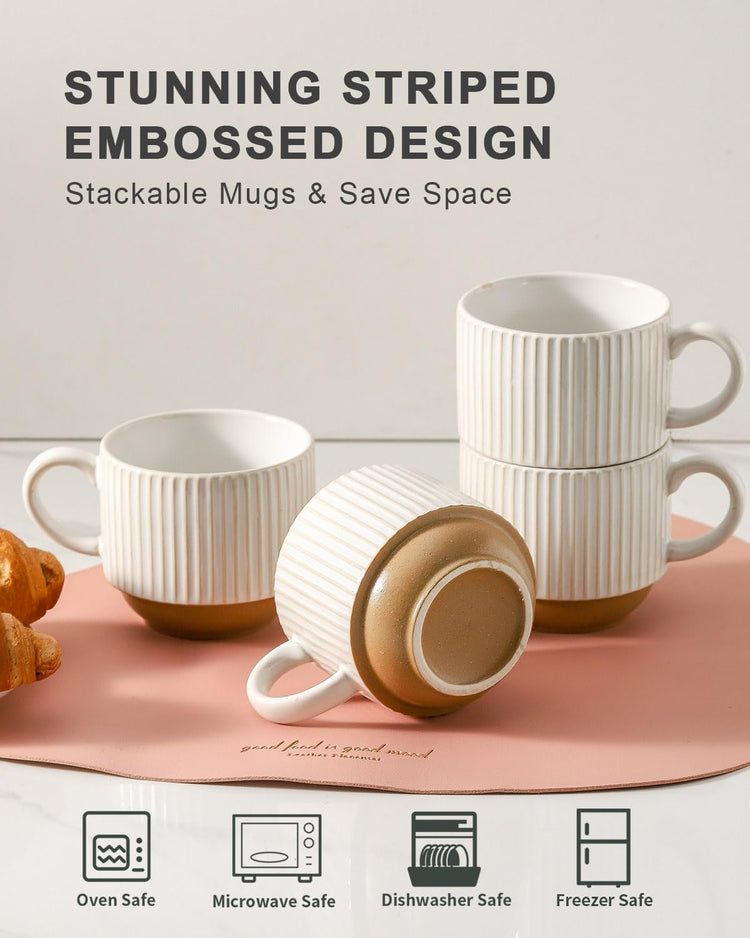 Hasense 15oz Coffee Mug Set of 4 - Stackable Ceramic Mugs with Holder - White & Light Brown Coffe Cups Set for Cappuccino, Tea, Hot Cocoa, Drinks - Wedding & Housewarming Gifts, Everyday Use
