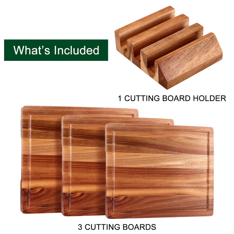 Extra Large Acacia Wood Cutting Board Set of 3 Wooden Chopping Board With Holder Fruit Cutting Boards Charcuterie Boards for Kitchen Bread Cheese Serving Board Meat Cutting Board Carving Board (3 Count)