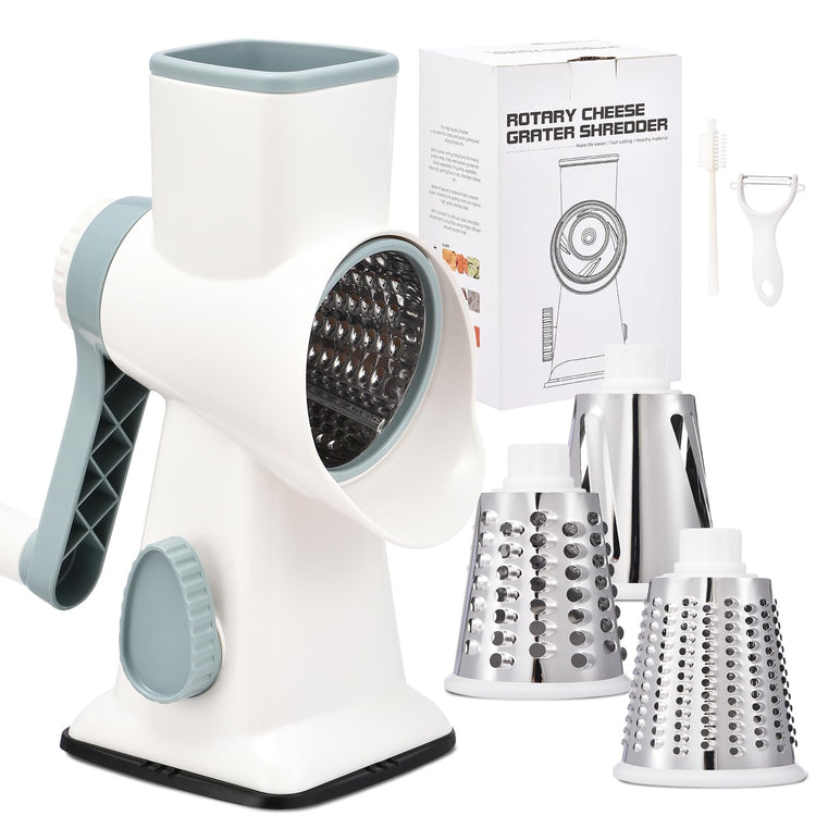 Rotary Cheese Grater with Handle Kitchen Shredder Slicer Grater Slicer Ice Shaver Cheese Vegetable Nuts Potato Zucchini Chocolate 3 Interchangeable Blades