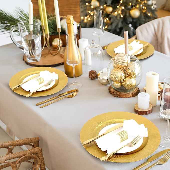 Tanlade 12 Pcs Charger Plates Bulk 13 Inch Plastic Round Wedding Chargers Floral Decorative Plates with Metallic Ruffled Rim for Wedding Party, Holiday Event Supplies(Gold)