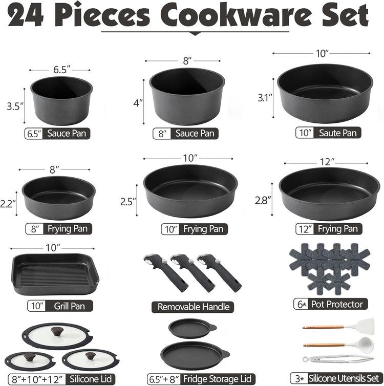 SENSARTE 24 Piece Pots and Pans Set, Nonstick Detachable Handle Cookware, Induction Kitchen Cookware Set with Removable Handle, Healthy Non Stick for RV, Dishwasher&Oven Safe (Black)