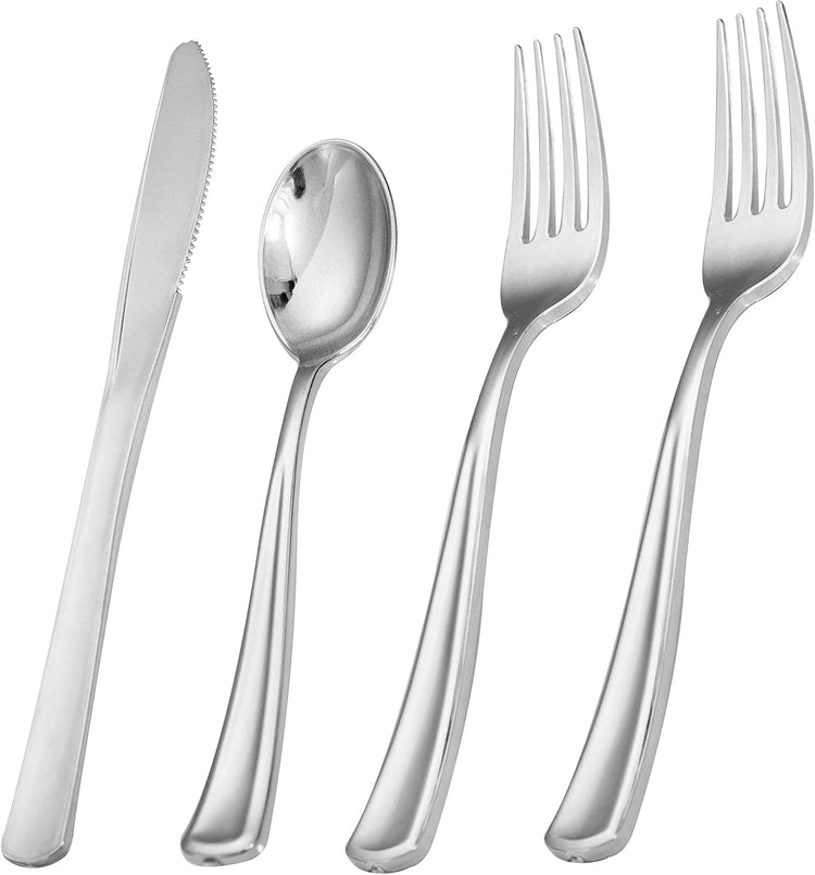 Liacere 200Pcs Silver Plastic Cutlery-Silver Plastic Silverware- Disposable Plastic Silverware - 100 Silver Forks, 50 Silver Spoons, 50 Silver Knives Perfect for Wedding&Valentine's Day