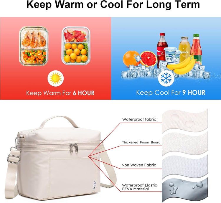 NOL Natural Organic Lifestyle Insulated Lunch Bags for Women Cooler Bag Lightweight Nylon Waterproof Lunch Box For Work(Medium, Cream