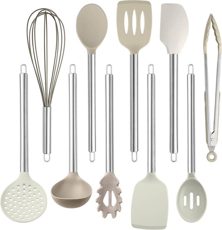 COOK WITH COLOR Silicone Cooking Utensils, Kitchen Utensil Set, Easy to Clean Silicone Kitchen Utensils, Cooking Utensils for Nonstick Cookware, Kitchen Gadgets Set, 10 Pieces, Brown