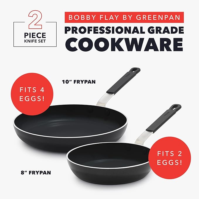 GreenPan x Bobby Flay 2 Piece- 8” and 10” Nonstick Frying Pan Skillet Set, PFAS-Free Diamond Ceramic, Induction Suitable, Stay-Cool Silicone Handle, Easy Clean Dishwasher & Oven Safe, Black