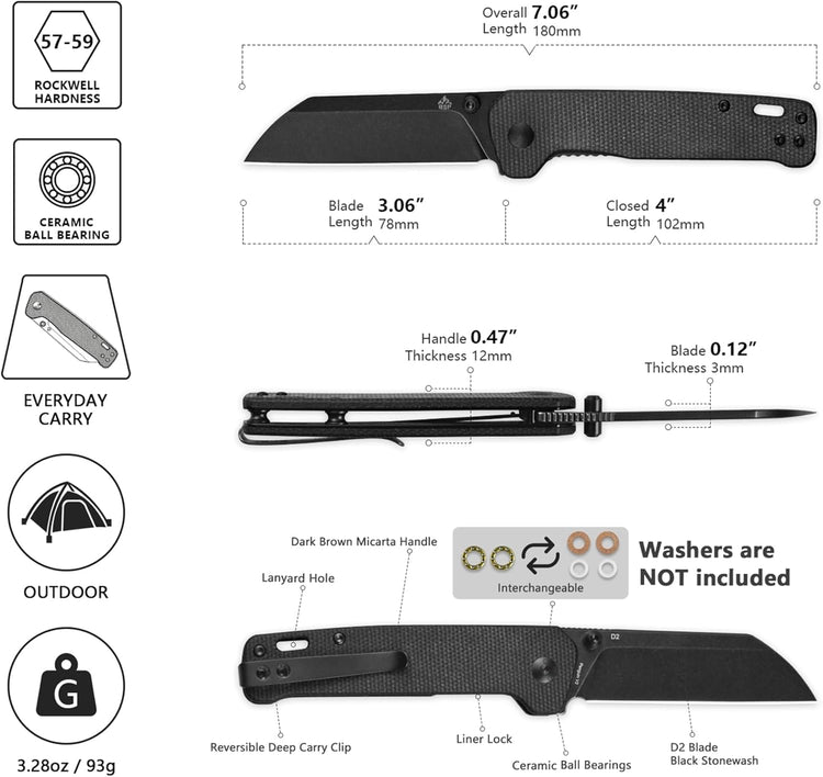 QSP Penguin V2 Folding Pocket Knife, 3.06" D2 Black Stonewash Blade EDC Knife, Dark Brown Micarta Handle, Liner Lock, Ceramic Ball Bearings, Reversible SS Deep Carry Clip