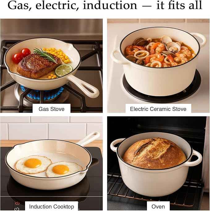 QuliMetal Nonstick Enameled Cast Iron Cookware Set, 4-Pcs Pots and Pans with Lids, Healthy Round Dutch Oven Pot for Sourdough Bread Baking, Oven Safe up to 500°F, Compatible with All Stovetops