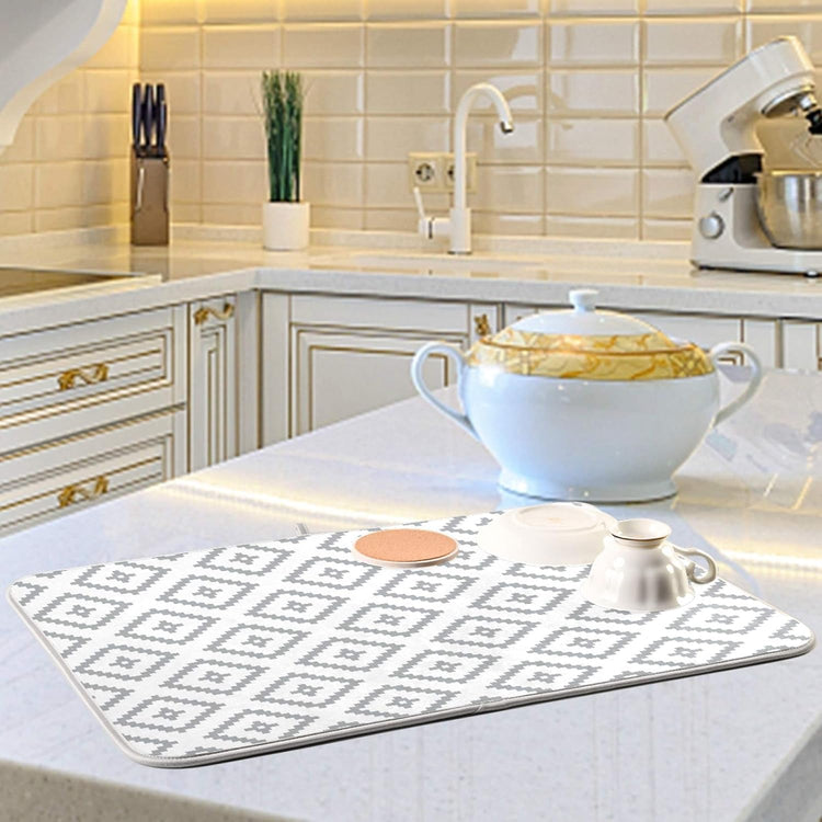 Super Absorbent Dish Drying Mat, Microfiber Fast-Drying Dish Mat, 16" x 18, Kitchen Dish Drying Pad, White Moroccan Rhombus Plaid