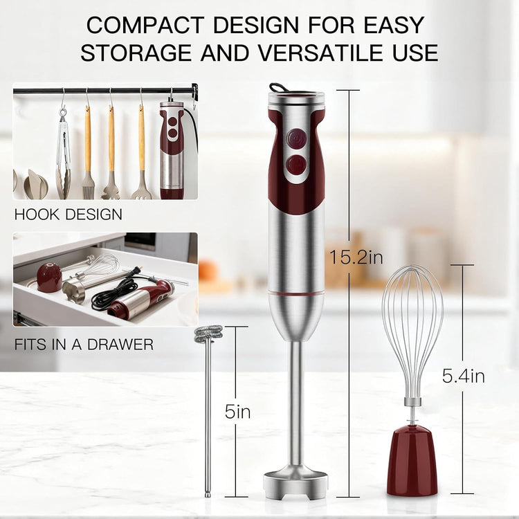 3-in-1 Hand Blender – 12-Speed, Includes Powerful Blender Stick, Whisk, and Milk Frother – Easy to Clean and Perfect for Smoothies, and More (Red)