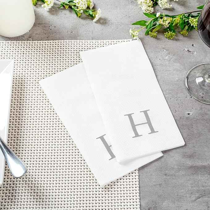 Luxenap 15.8 X 7.9 Inch Linen-Feel Guest Towels, 50 Lettered Hand Towels - Silver Letter 'H', Sans Serif Font, White Paper Dinner Napkins, airlaid, For Restrooms And Tables - Restaurantware