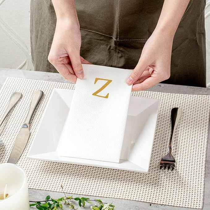 Luxenap 15.8 X 7.9 Inch Linen-Feel Guest Towels, 2000 Lettered Hand Towels - Gold Letter 'Z', Sans Serif Font, White Paper Dinner Napkins, airlaid, For Restrooms And Tables - Restaurantware