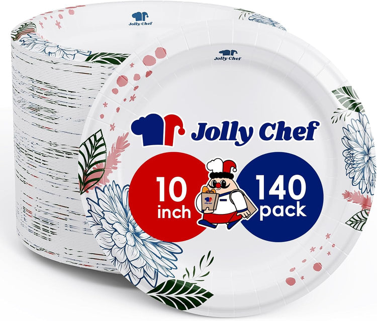 JOLLY CHEF ๐ญ๐ฐ๐ฌ ๐๐ผ๐๐ป๐ ๐ฃ๐ฎ๐ฝ๐ฒ๐ฟ ๐ฃ๐น๐ฎ๐๐ฒ๐ ๐ญ๐ฌ ๐ถ๐ป๐ฐ๐ต Soak Proof, Cut Proof, Heavy Duty Flower Printed Disposable Paper Plates for Everyday Use