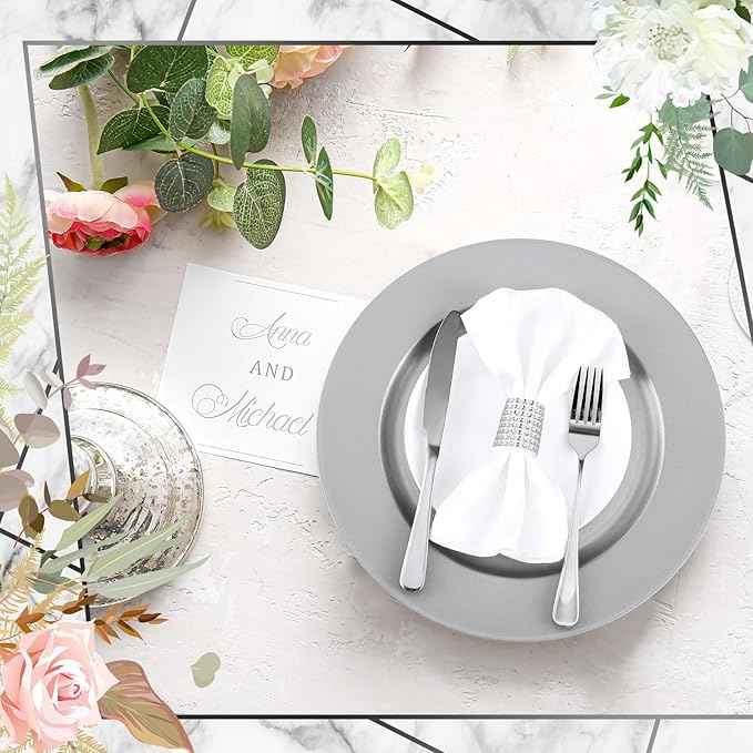 Tanlade 50 Pcs 13 Inch Charger Plates Bulk Round Wedding Chargers Plastic Dinner Plates for Table Setting Wedding Party Decoration (Silver White)