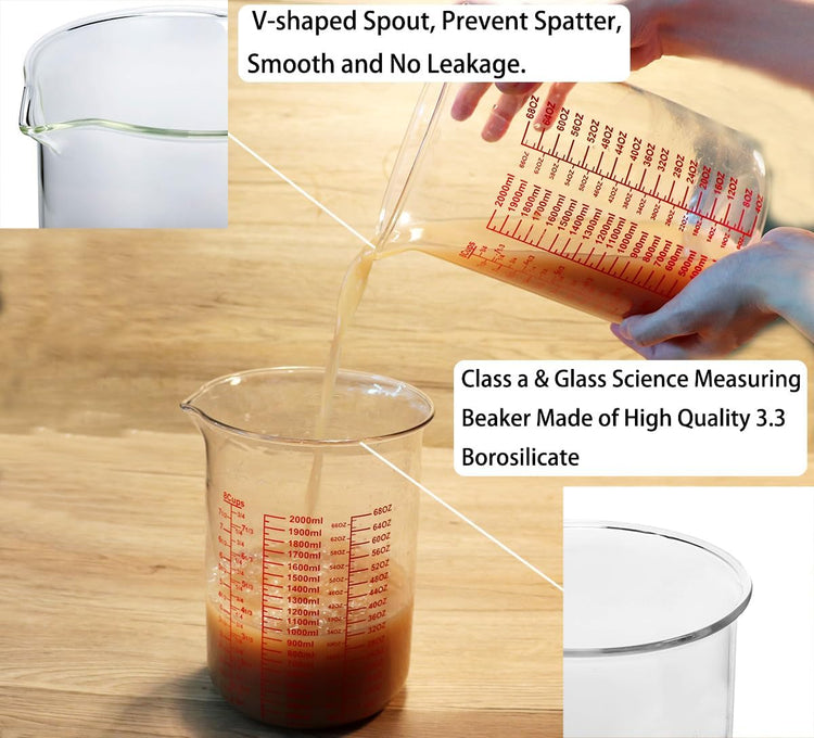 High Borosilicate Glass Measuring Cup-V-Shaped Spout,Glass Measuring Beaker for Kitchen or Restaurant, Easy to Read, 2000 ML (64 Oz, 8Cup)