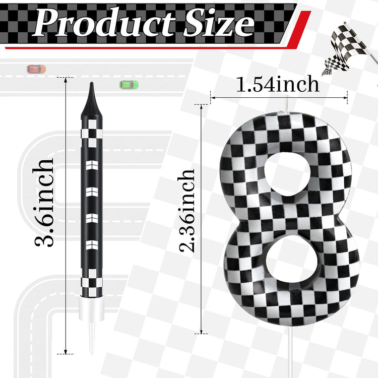 13 Pcs Racing Cars Themed Birthday Candles Black and White Race Number 8 Checkered Candle Cake Topper for Racing Car Party Decoration Supplies (13 Count)