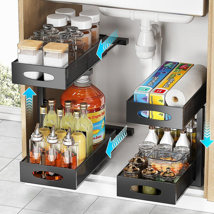 2-pack under sink organizer, 2-tier under sink organizer and storage, slide-out pull-out cabinet organizer with mesh metal sliding drawer for home kitchens, bathrooms, pantries (Black)
