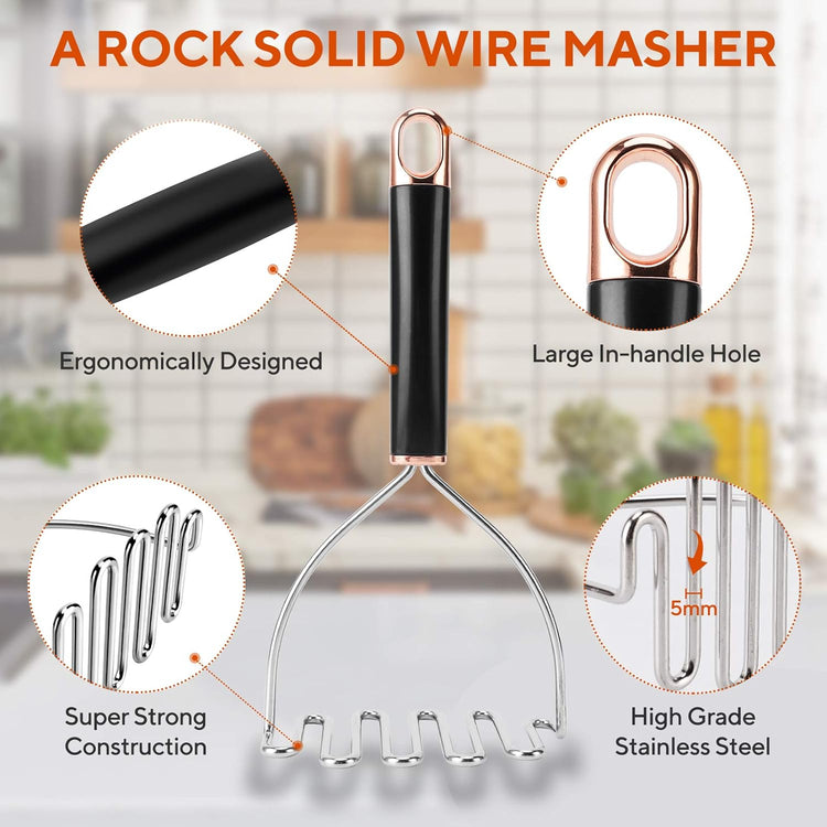 Potato Masher, Potato Masher Stainless Steel, Heavy Duty Mashed Potatoes Masher, Professional Metal Wire Masher Kitchen Tool for Bean, avocado, Vegetable-10.24 inch (Rose Gold)