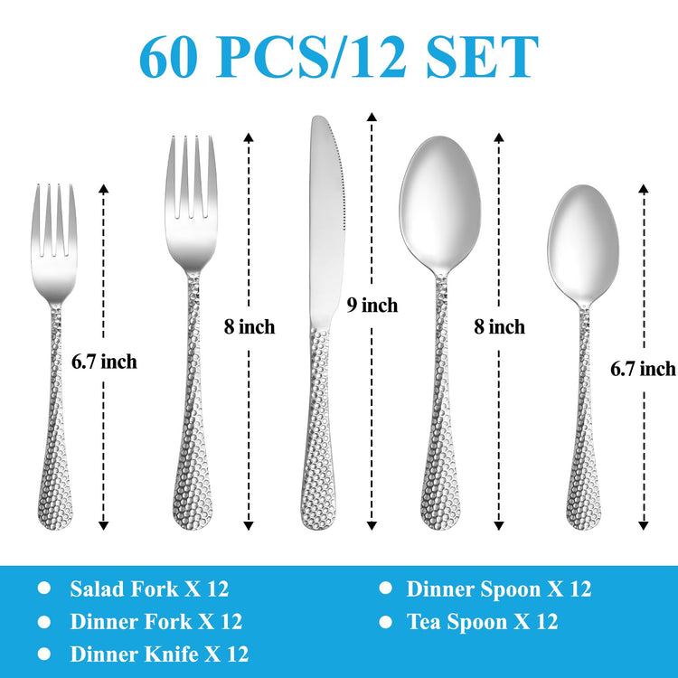 60 Pcs Hammered Silverware Set Service for 12 (60 Count)