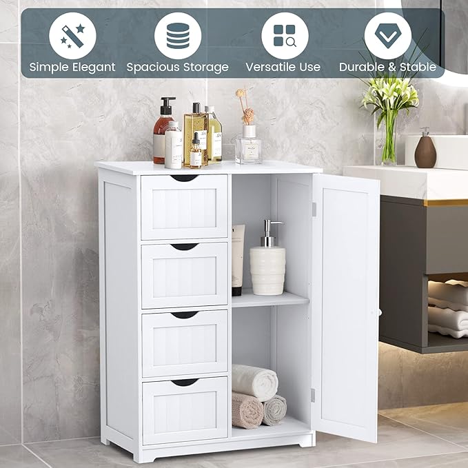 COSTWAY Bathroom Storage Cabinet, Wooden Storage Cupboard Organizer with 4 Drawers & Adjustable Shelf, Modern Floor Cabinet for Living Room, Bathroom, Kitchen, Entryway (White)