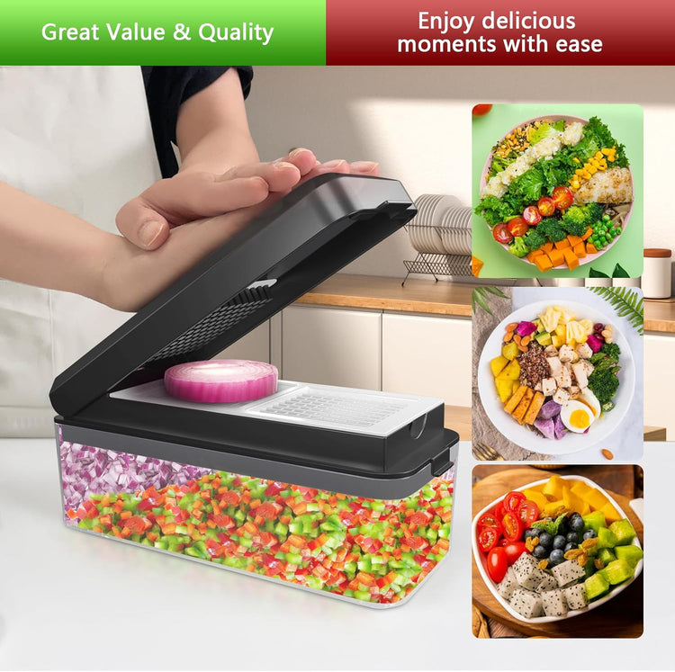 Vegetable Chopper, Onion Chopper Dicer, Mandoline Slicer, Food Chopper with Container, Vegetable Cutter for Salad Potato Carrot Garlic(10 Blades, Black White)