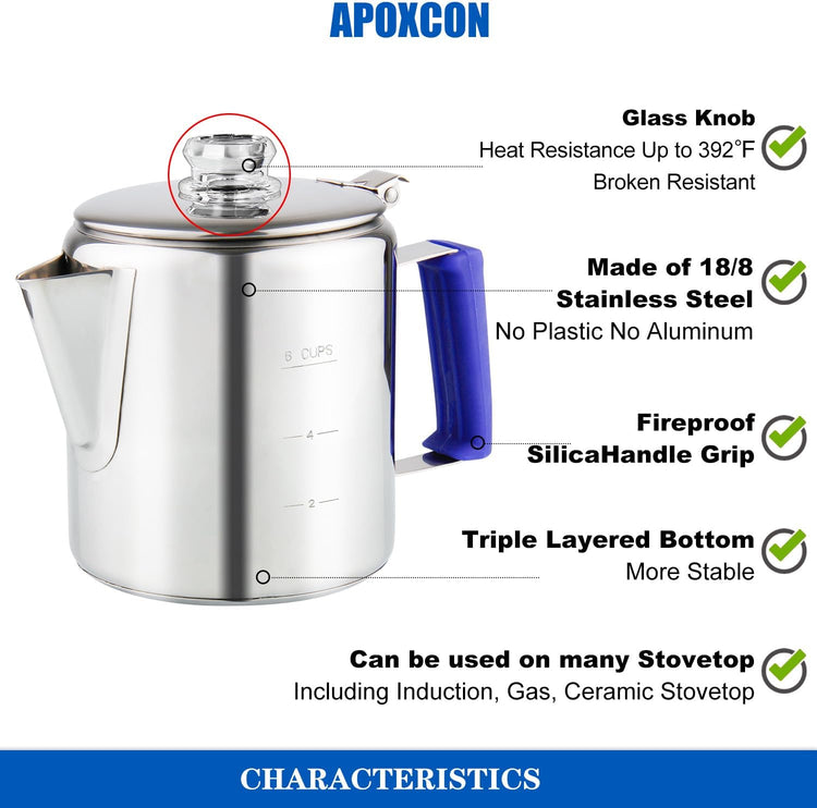 Multi Use Percolator Coffee Pot Stainless Steel Stove Top Coffee Maker with Two Tough Borosilicate Glass Knob Silica Handle Camping Coffee Pot Using on Campfire Stove & Induction Cooker Silver 6 Cup