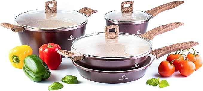 Waxonware 7pc Kitchen Pots and Pans Set Non stick German Coated, Kitchen Cookware Set Premium - Dishwasher Safe and 100% PFOA and PTFE Free - Induction Cooking Non Stick Pots and Pan Set - Marbellous