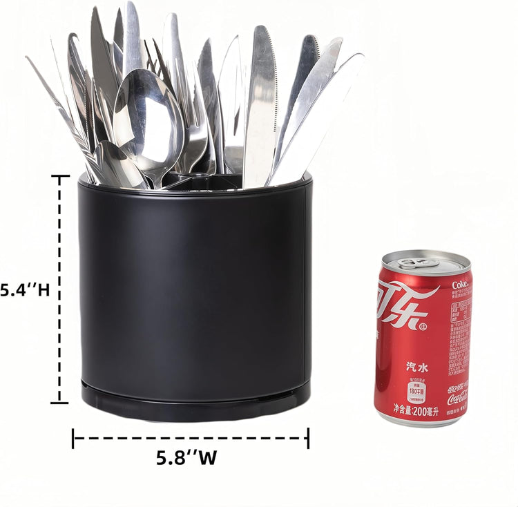 Kitchen Utensil Holder Silverware Organizer 360°Rotating For Counter Organizer Stainless Steel Storage Silverware Caddy 3 Compartment Flatware Spoon Spatula Tool Cutlery Container(Black)