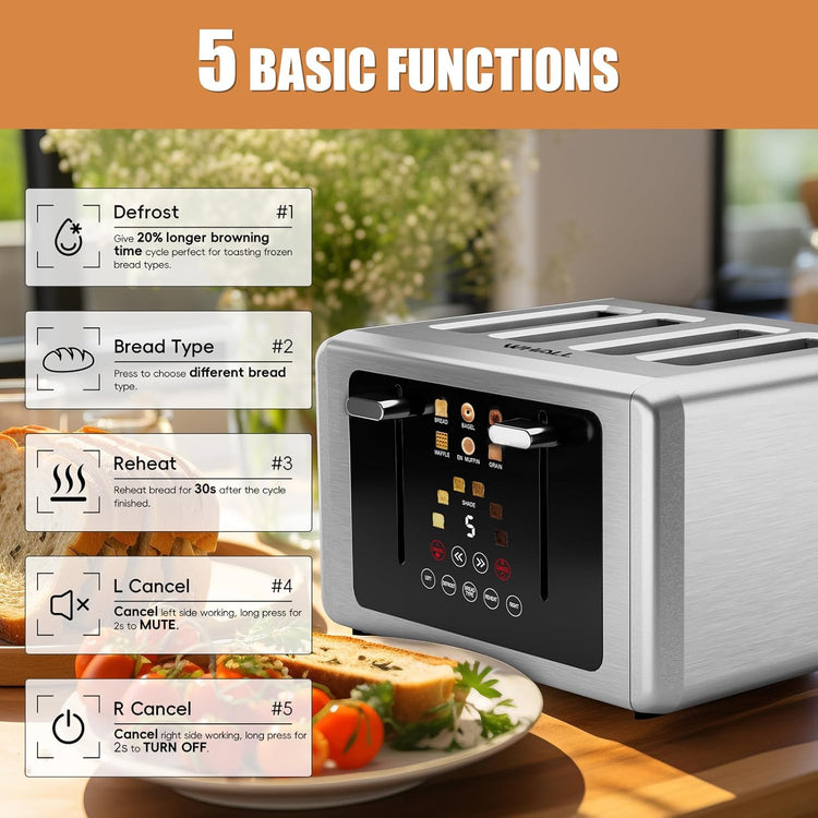 whall 4 Slice Touch Screen Toaster, Stainless Steel Toasters Digital Timer, Dual Control Panel Toasters,6 Shade Settings&6 Bread Types, Smart Wide Slots, Bagel, Cancel, Defrost,Flat lever Stainless