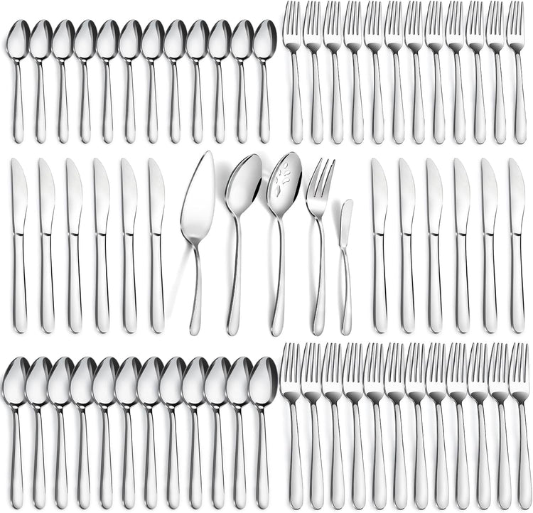 Pleafind 65-Pieces Silverware Set for 12 with 5 Serving Utensils,Stainless Steel Cutlery Set, Include Forks Spoons and Knives Set, Mirror Polished Utensil Sets for Home Restaurant,Dishwasher Safe
