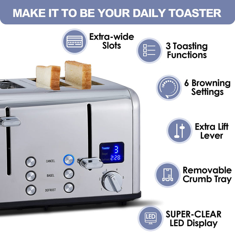4 Slice Stainless Steel Toaster with Digital Display