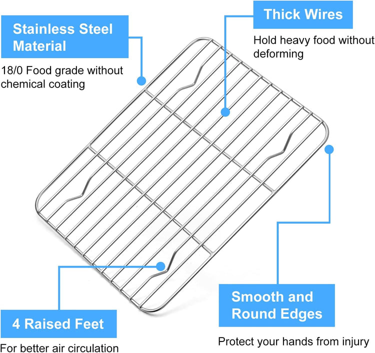 P&P CHEF Baking Cooling Rack Set for Cooking Roasting, 4-Piece Stainless Steel Wire Racks for Oven Use, Healthy & Dishwasher Safe, Rectangle, 9.7 Inch