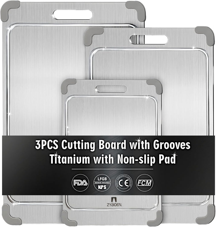 3Pcs 100% Pure Titanium Cutting Board with Grooves, Update Double Side Titanium Chopping Board, Silicone Anti-slip Stainless Cutting Boards Set for Kitchen, Grey