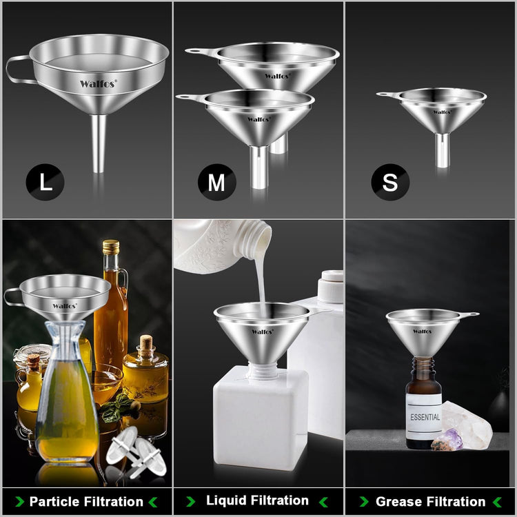 Stainless Steel Funnel, Walfos 4 Pack(4in、3 in、2.2 in、1.7in Kitchen Funnel with 2 Removable Strainer & 1Pcs Cleaning Brush, Perfect for Transferring of Liquid, Oils, Jam, Dry Ingredients & Powder