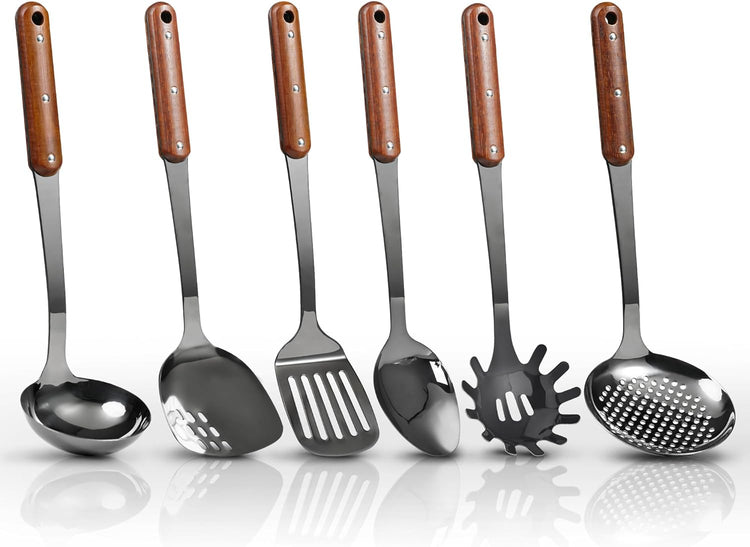 Stainless Steel Mirror Polished Kitchen Utensils Set - 6pcs Cooking Utensils Set with Wooden Handle, Heat Resistant Kitchen Tool Set for Cooking with Turners,Spatula,Ladle,Skimmer,Solid Spoon,Pasta
