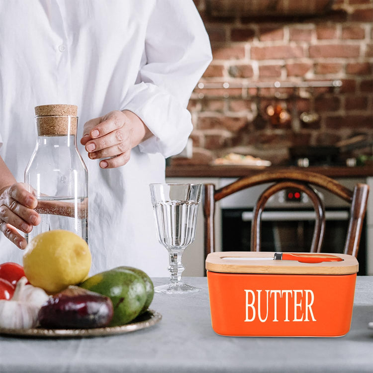 Ceramic Butter Dish with Bamboo Lid and Stainless Steel Knife Spreader